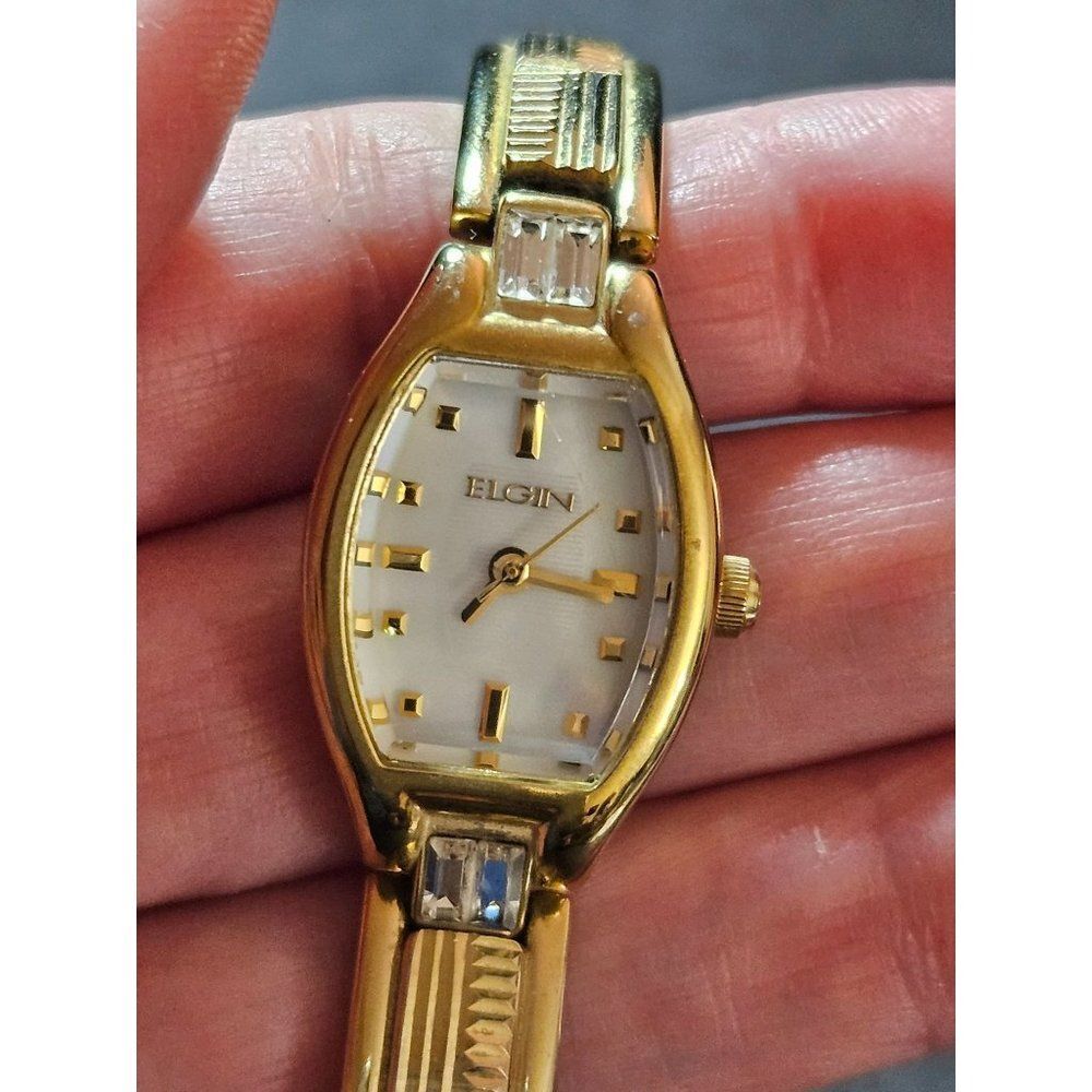Elgin pearlized dial gold tone watch